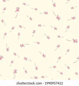 Hand-drawn floral background. Vector seamless pattern in doodle style. Pink flowers on a beige background. Ideal for fabric, home textiles.