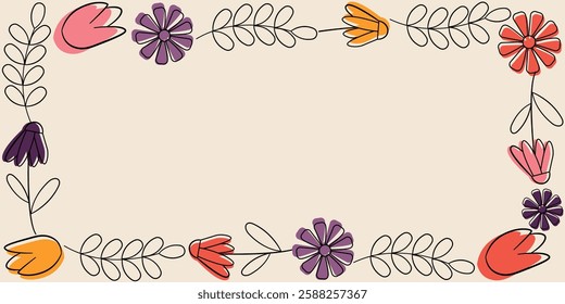 Hand-Drawn Floral Border with Vibrant Colors and Elegant Simplicity. Beautiful artistic design of hand-drawn flowers creating a colorful frame, suitable for invitations, posters, and artworks 