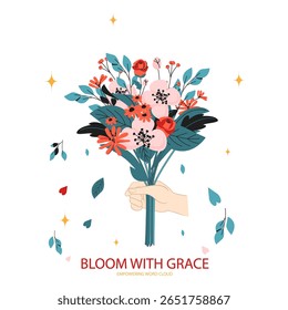 Buquê floral desenhado à mão com Bloom com citação de Grace. Perfeito para roupas femininas, cartões e presentes. Comemore a beleza e o crescimento.