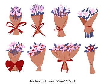 Hand-Drawn Floral Bouquets with Kraft Wrapping. A collection of 8 hand-drawn floral bouquets, featuring pink and red flowers and berries wrapped in kraft paper with vibrant red ribbons