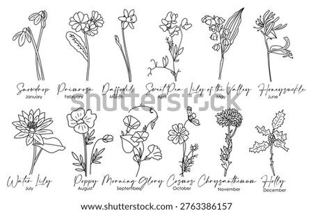Hand-drawn floral chart shows birth month flowers. Each bloom represents a unique month's symbolic flower. Elegant lines highlight delicate petals and green stems. Ideal for calendars, planners
