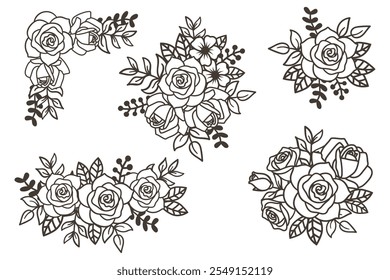 Hand-Drawn Floral Corners and Bouquets set - Black and White Vector