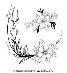 Hand-drawn floral decoration elements, floral border, floral frame