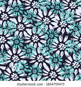 Hand-drawn floral delicate vector seamless pattern. Blue gray flowers on a black background. For prints of lace fabric, textile products, paper, clothing.