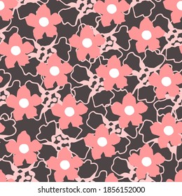 Patrón delicado vector floral de mano sin fisuras. Flores rosas sobre un fondo oscuro. Para impresiones de tela de encaje, productos textiles, papel, ropa.