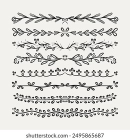 Hand-Drawn Floral Dividers Set. A collection of intricate, nature-inspired borders in a hand-drawn style. Perfect for adding elegant, organic touches to invitations, stationery, and digital designs.