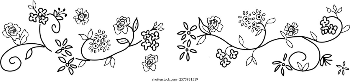 Hand-drawn floral doodle border on a white background. Sweet floral embellishment.