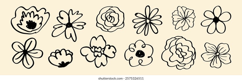 Hand-drawn floral doodles in black ink. These floral doodles feature various flower shapes. Perfect for floral-themed designs and creative projects. Doodle illustrations, vector set.