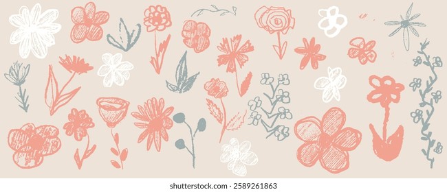 Handdrawn floral doodles, black ink on beige background, featuring whimsical, minimalist, vintage, boho, organic, natural, abstract, decorative elements . Vector illustration