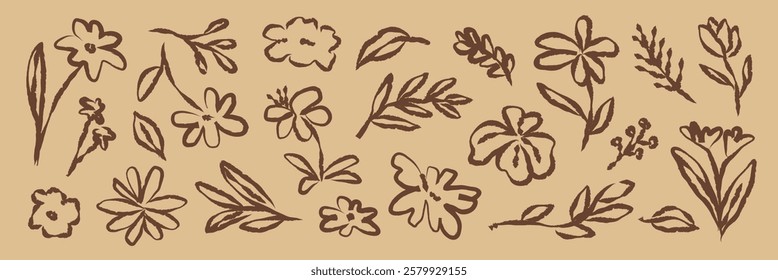 Hand-drawn floral doodles in brown on beige. Floral sketches include flowers, leaves, and petals. Simple floral designs create a natural, artistic look. Hand drawn botanical illustrations vector set.