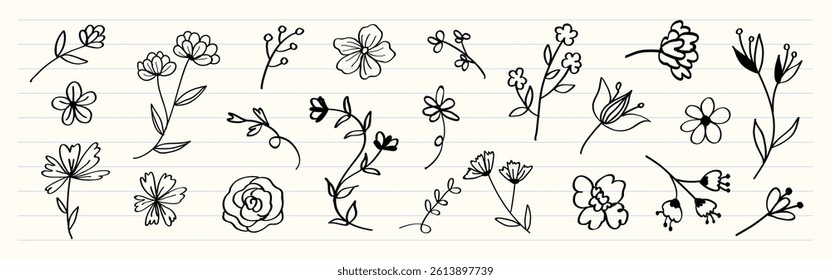 Hand-drawn floral doodles on lined paper. Various flower sketches, simple and artistic. Black and white floral designs, perfect for creative projects. Cute hand drawn floral elements, vector set.