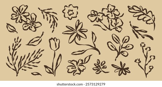 Hand-drawn floral elements in black on beige. Floral designs include flowers, leaves, and branches. Perfect for floral-themed projects and floral. Hand drawn botanical vector set.
