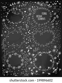Hand-drawn floral elements for design. Stylized flowers, leaves, birds and floral frames on chalkboard background.