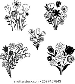 Hand-Drawn Floral Elements, Flowers and Leaves on White Background