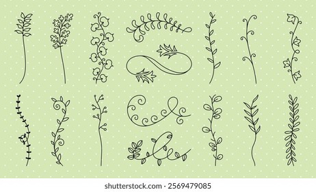 Hand-drawn floral elements on a green background. Doodles of leaves, vines, and flowers. Simple, elegant floral designs. Perfect for nature-themed projects. Hand drawn ornament vector set.