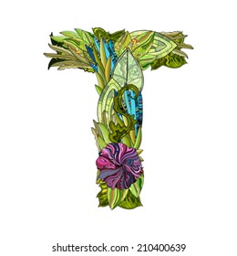 hand-drawn floral font, letter t