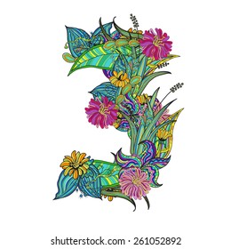 hand-drawn floral font, number 3