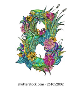 hand-drawn floral font, number 8