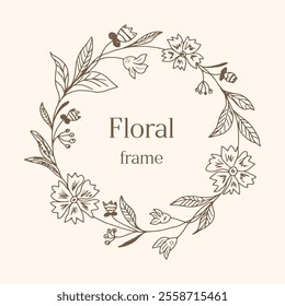 Hand-drawn floral frame with flowers and leaves. Elegant logo template, round wreath for labels,
corporate identity, wedding invitations