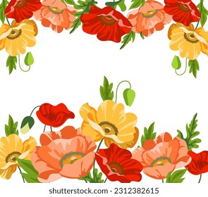 Hand-drawn floral frame of meadow flowers poppies on white background in flat style. Vector illustration. Cover design template, greeting card, wedding, invitation, post, poster. Space for text  