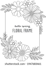 Hand-drawn floral frame for wedding invitations, greeting cards, scrapbooking, posters. Vector floral border. Coloring book page.