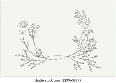 Handgezeichnete Blumenrahmen mit Blumen, Ästen und Blättern. Elegante Logo-Vorlage. Vektorgrafik für Labels, Markenidentität und Hochzeitseinladungen.