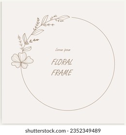 Marcos florales hechos a mano con flores, ramas y hojas. Wreath. Elegante plantilla de logotipo. Ilustración vectorial para etiquetas, identidad comercial de marca e invitaciones de boda.