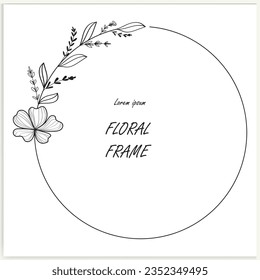 Marcos florales hechos a mano con flores, ramas y hojas. Wreath. Elegante plantilla de logotipo. Ilustración vectorial para etiquetas, identidad comercial de marca e invitaciones de boda.