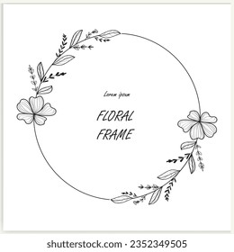 Marcos florales hechos a mano con flores, ramas y hojas. Wreath. Elegante plantilla de logotipo. Ilustración vectorial para etiquetas, identidad comercial de marca e invitaciones de boda.