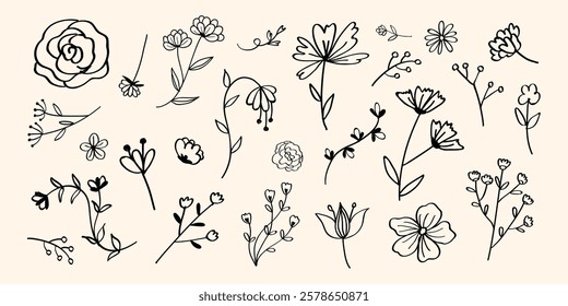 Hand-drawn floral illustrations featuring various flowers and leaves. Black and white floral sketches, perfect for botanical designs and nature-themed projects. Minimal floral element vector set.