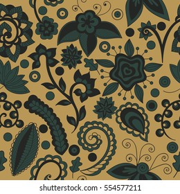 Hand-drawn floral and indian elements, seamless pattern, vector 