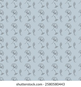  hand-drawn floral and leaf motifs on a soft blue background. Ideal for fabric design, wallpapers, greeting cards, and decorative projects needing a stylish and delicate touch.