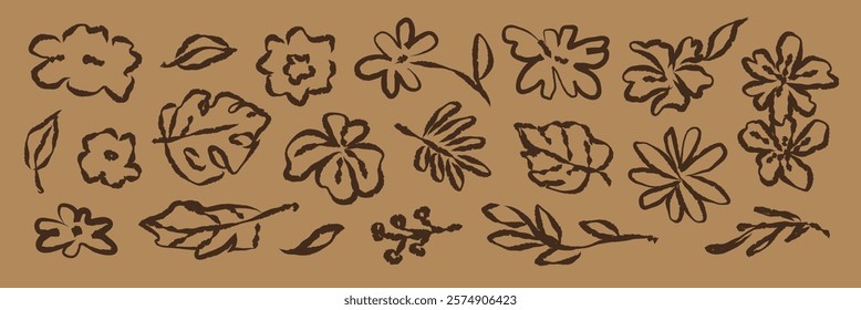 Hand-drawn floral and leaf patterns in black on a brown background. Floral designs and leaf motifs create a natural, artistic look. Botanical elements in a sketch style. Hand drawn botanical vectors.