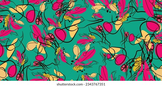 Hand-drawn floral leaf seamless pattern. Trendy fabric print design. Botanical abstract with outline drawing. Vector illustration