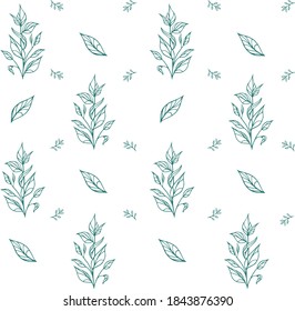 Hand-drawn floral moray, turquoise pattern on white background