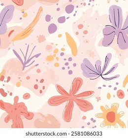 Hand-drawn floral motifs with whimsical shapes in soft, faded pastels