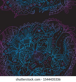 Hand-drawn floral ornament. Bright outline. Psychedelic pattern