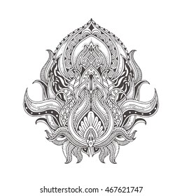 Hand-drawn floral ornament. Pattern in black and white. Adult coloring book page and tattoo design. Vector illustration. Zendoodle.