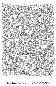 Hand-drawn floral ornament. Pattern in black and white. Adult coloring book page design. Vector illustration. Zen doodle.