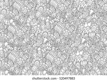Hand-drawn floral ornament. Pattern in black and white. Adult coloring book page design. Vector illustration. Zen doodle.