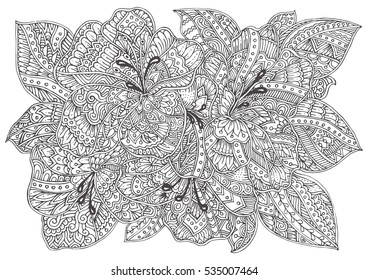Hand-drawn floral ornament. Pattern in black and white. Adult coloring book page and tattoo design. Vector background illustration. Zendoodle.