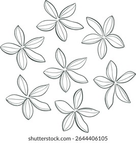 Hand-drawn floral outline illustration with seven stylized five-petal flowers, perfect for botanical designs, nature-themed projects, and minimalist decorative backgrounds or patterns.