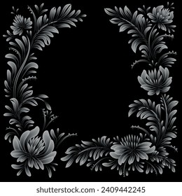 Hand-drawn floral painting monochrome black white border frame. Ukrainian folk art, traditional decorative painting style Petrykivka. Perfect print for cards, decor.	