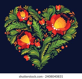 Hand-drawn floral painting in shape heart isolated on black. Ukrainian folk art, traditional decorative painting style Petrykivka. Perfect print for cards, decor.