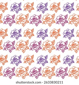 Hand-drawn floral pattern with alternating red and purple flowers on white.