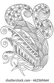 Hand-drawn floral pattern for coloring book for adult or coloring page. Doodle, vector, floral, tribal design element. Black and white background.