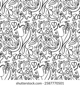Hand-Drawn Floral Pattern with Delicate Flowers and Leaves in a Seamless Botanical Design on White Background