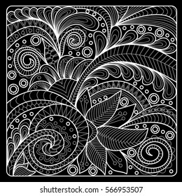 Hand-drawn floral pattern in doodle art style. Template for coloring book pages for adults. Vector illustration.