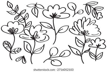 Handgezeichnetes Blumenmuster mit eleganten Blumen und Blättern in einem einfachen schwarzen Umriss vor weißem Hintergrund, das ein natürliches organisches Gefühl für verschiedene Designprojekte schafft.