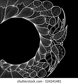 Hand-drawn floral pattern in the form of a semicircular frame.Decoration for cards, wedding invitations, tickets, congratulations, branding, label, poster, banner. Template for coloring books.